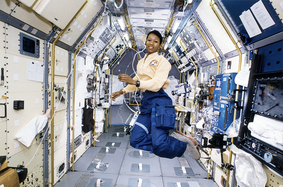 Space Shuttle Endeavour (STS-47) onboard photo of Astronaut Mae Jemison working in Spacelab-J module